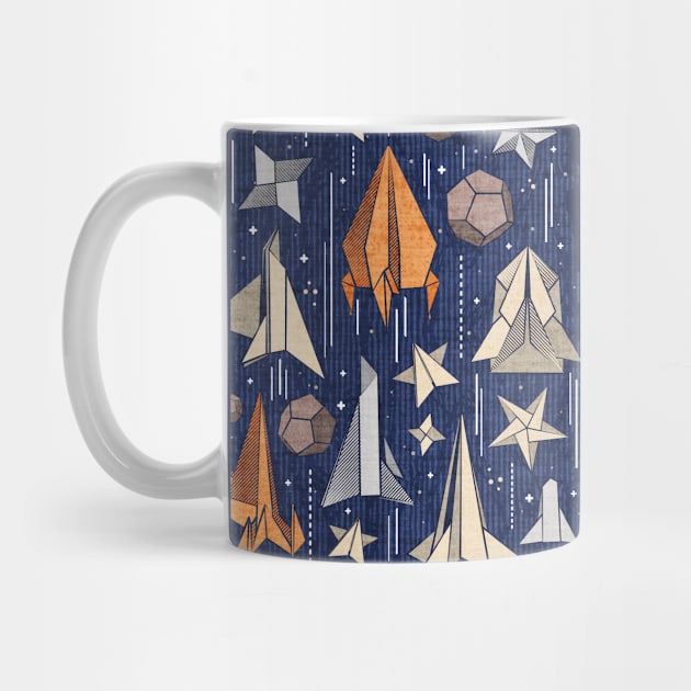 Reaching for the stars // illo // navy blue background ivory grey brown and orange origami paper asteroids stars and space ships traveling light speed by SelmaCardoso